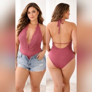 xhilaration mauve lace plunge halter bodysuit one piece swimsuit festival boho m
